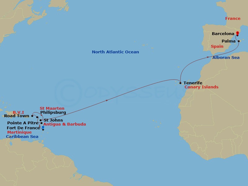 15 Night - Msc Grand Voyages - MSC Seaview - Starting in Fort-de-France, Martinique, Pointe-A-Pitre, Guadeloupe, Philipsburg, St Maarten, Road Town (Tortola), British Virgin Islands, St Johns AG, Antigua, Santa Cruz de Tenerife, Palma De Mallorca (Baleari Is), Spain, Barcelona, Spain itinerary map