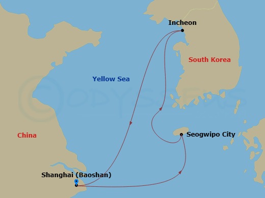 5 Night - Seoul & Jeju Cruise - Spectrum of the Seas - Starting in Shanghai (Baoshan), China, Seoul (Incheon), South Korea, Jeju (Seogwipo), South Korea, Shanghai (Baoshan), China itinerary map