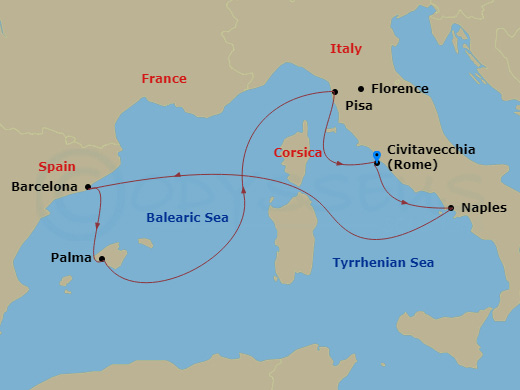 7 Night - Western Mediterranean Cruise - Legend of the Seas - Starting in Rome (Civitavecchia), Italy, Naples, Italy, Barcelona, Spain, Palma De Mallorca, Spain, Florence / Pisa (La Spezia), Italy, Rome (Civitavecchia), Italy itinerary map
