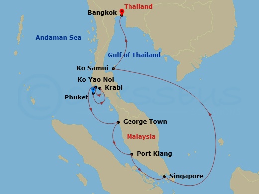 11 Night - Tantalizing Thailand & Sparkling Singapore - Star Seeker - Starting in Phuket, Thailand, Krabi, Thailand, Ko Yao Noi, Thailand, George Town, Penang, Malaysia, Port Klang (Kuala Lumpur), Malaysia, Singapore, Ko Samui, Thailand, Cruising Chao Phraya River, Klong Toey (Bangkok), Thailand itinerary map