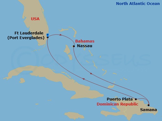 6 Night - Eastern Caribbean Cruise - Adventure of the Seas - Starting in Fort Lauderdale, Florida, Nassau, Bahamas, Samana, Dominican Republic, Puerto Plata, Dominican Republic, Fort Lauderdale, Florida itinerary map