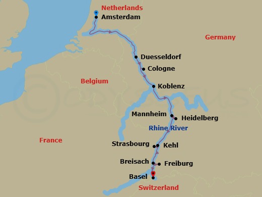 7 Night - Jewels of the Rhine - Emerald Sun - Starting in Amsterdam, Dusseldorf / Cologne, Koblenz, Mannheim (Heidelberg), Kehl / Strasbourg, Breisach / Freiburg, Basel (Huningue) itinerary map