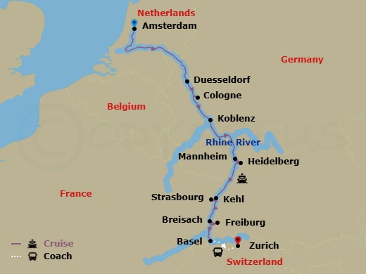 7 Night - Jewels of the Rhine - Emerald Sun - Starting in Amsterdam, Dusseldorf / Cologne, Koblenz, Mannheim (Heidelberg), Kehl / Strasbourg, Breisach / Freiburg, Basel (Huningue) Zurich itinerary map
