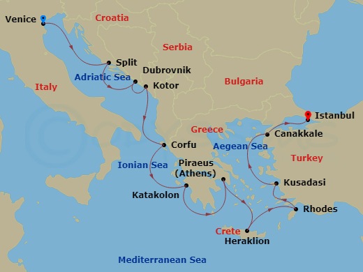 14 Night - Ancient Adriatic Treasures - Viking Sea - Starting in Venice (Chioggia), Split, Dubrovnik, Croatia, Kotor, Corfu (Kerkyra), Katakolon (Olympia), Athens (Piraeus), Crete (Heraklion), Rhodes, Ephesus (Kusadasi), Troy (Canakkale), Istanbul itinerary map
