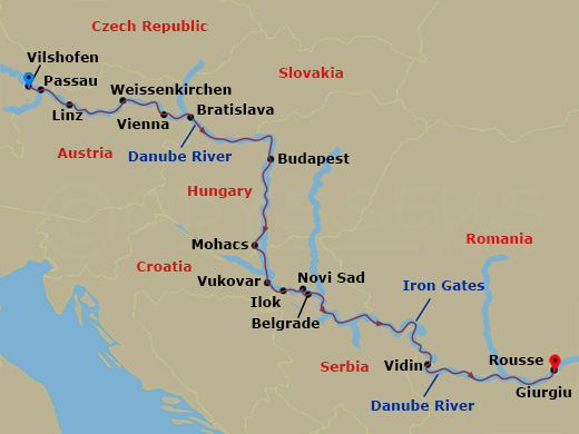14 Night - Grand Danube Cruise - AmaMagna - Starting in Vilshofen, Passau, Linz, Weissenkirchen, Vienna, Bratislava, Budapest, Mohacs, Vukovar, Ilok, Novi Sad, Belgrade, Iron Gates, Scenic Cruising, Vidin, Rousse, Giurgiu itinerary map