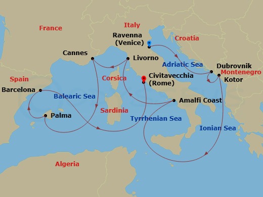 13 Night - Pre Venice Cruisetour - Norwegian Prima Tours - Starting in At Hotel, Venice (Ravenna), Italy, Dubrovnik, Croatia, Kotor, Montenegro, Amalfi Coast (Salerno), Italy, Livorno / Florence / Pisa, Italy, Cannes, France, Palma Majorca, Spain, Barcelona, Spain, Civitavecchia Rome, Italy itinerary map