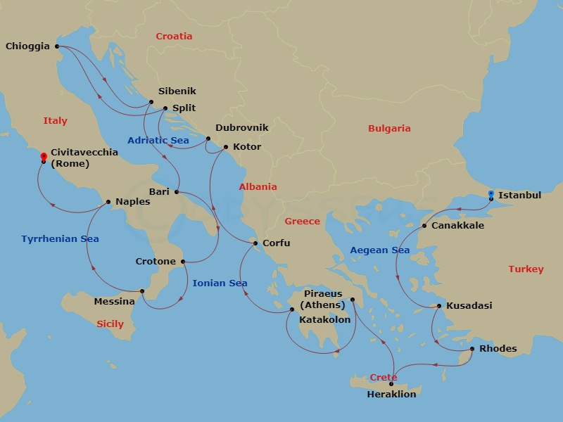 21 Night - Adriatic & Mediterranean Sojourn - Viking Jupiter - Starting in Istanbul, Troy (Canakkale), Ephesus (Kusadasi), Rhodes, Crete (Heraklion), Athens (Piraeus), Katakolon (Olympia), Corfu (Kerkyra), Kotor, Dubrovnik, Croatia, Split, Venice (Chioggia), Sibenik, Bari, Crotone, Sicily (Messina), Naples, Rome (Civitavecchia) itinerary map