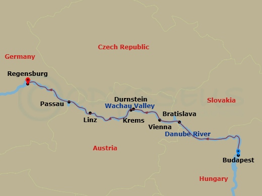 7 Night - Danube - Budapest - Regensburg - Celebrity Compass - Starting in Budapest, Hungary, Scenic Budapest, Bratislava, Slovakia, Vienna, Austria, Krems, Austria, Durnstein, Austria, Wachau Scenic, Linz, Austria, Passau, Germany, Regensburg, Germany itinerary map