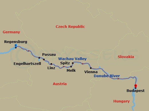 7 Night - Danube - Regensburg - Budapest - Celebrity Compass - Starting in Regensburg, Germany, Passau, Germany, Engelhartszell, Austria, Linz, Austria, Melk, Austria, Spitz, Austria, Wachau Scenic, Vienna, Austria, Scenic Budapest, Budapest, Hungary itinerary map