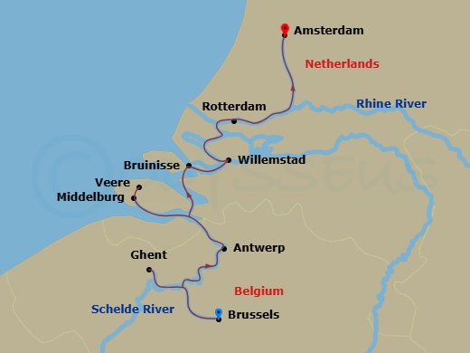 7 Night - Belgian + Dutch Tulips - Celebrity Compass - Starting in Brussels, Belgium, Antwerp, Belgium, Ghent, Belgium, Middelburg, Netherlands, Veere, Netherlands, Veerse Meer Scenic, Bruinisse, Netherlands, Willemstad NL, Netherlands, Rotterdam, Netherlands, Amsterdam, Netherlands itinerary map