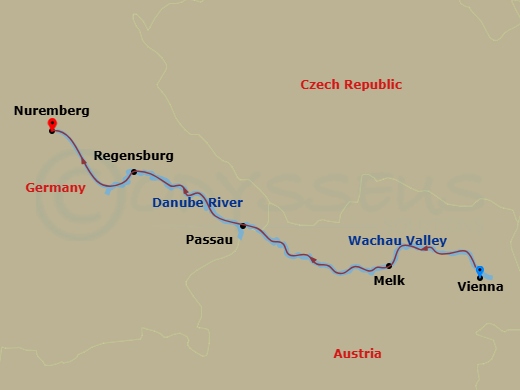 6 Night - Danube Xmas Mkt Vienna-Nuremberg - Celebrity Seeker - Starting in Vienna, Austria, Wachau Scenic, Melk, Austria, Passau, Germany, Regensburg, Germany, Nuremberg, Germany itinerary map
