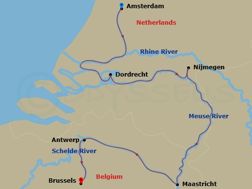 7 Night - Dutch + Belgian Tulips - Celebrity Compass - Starting in Amsterdam, Netherlands, Nijmegen, Netherlands, Dordrecht, The Netherlands, Maas Scenic, Maastricht, Netherlands, Antwerp, Belgium, Brussels, Belgium itinerary map