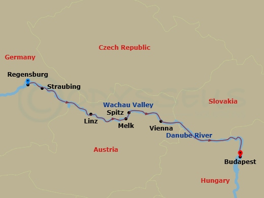 7 Night - Danube - Straubing Festival - Celebrity Compass - Starting in Regensburg, Germany, Straubing, Germany, Linz, Austria, Melk, Austria, Spitz, Austria, Wachau Scenic, Vienna, Austria, Scenic Budapest, Budapest, Hungary itinerary map