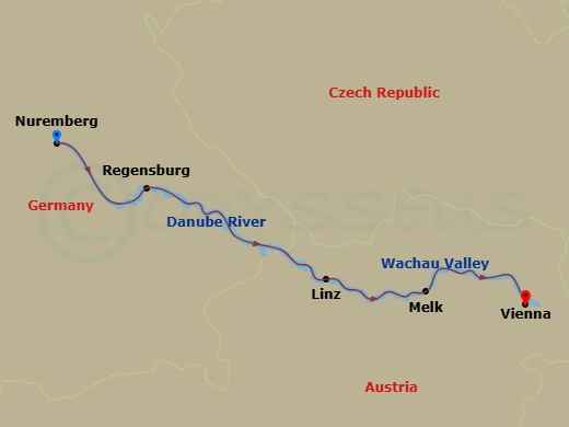 6 Night - Danube - Nuremberg-Vienna - Celebrity Compass - Starting in Nuremberg, Germany, Regensburg, Germany, Linz, Austria, Melk, Austria, Wachau Scenic, Vienna, Austria itinerary map