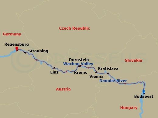 7 Night - Danube - Straubing Festival - Celebrity Seeker - Starting in Budapest, Hungary, Scenic Budapest, Bratislava, Slovakia, Vienna, Austria, Krems, Austria, Durnstein, Austria, Wachau Scenic, Linz, Austria, Straubing, Germany, Regensburg, Germany itinerary map