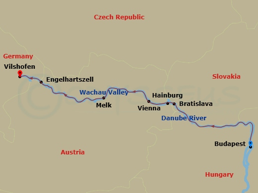 7 Night - Danube - Budapest & Vienna - Celebrity Seeker - Starting in Budapest, Hungary, Scenic Budapest, Bratislava, Slovakia, Hainburg, Austria, Vienna, Austria, Wachau Scenic, Melk, Austria, Engelhartszell, Austria, Vilshofen, Germany itinerary map