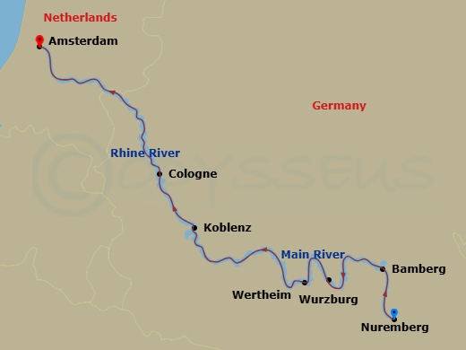 7 Night - Main & Rhine New Year's Cruise - Celebrity Seeker - Starting in Nuremberg, Germany, Bamberg, Germany, Wurzburg, Germany, Wertheim, Germany, Scenic Rhine, Koblenz, Germany, Cologne, Germany, Amsterdam, Netherlands itinerary map