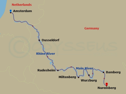 7 Night - Rhine & Main River Cruise - Celebrity Compass - Starting in Amsterdam, Netherlands, Dusseldorf, Germany, Scenic Rhine, Rudesheim, Germany, Miltenberg, Germany, Wurzburg, Germany, Bamberg, Germany, Nuremberg, Germany itinerary map