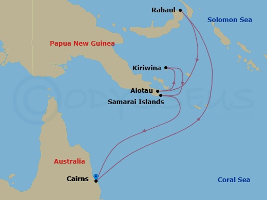 9 Night - Papua New Guinea Adventures - Seven Seas Navigator - Starting in Cairns, Cruising the Coral Sea, Rabaul, Cruising the Coral Sea, Alotau, Kiriwina, Samarai Islands, Cruising the Coral Sea, Cairns itinerary map