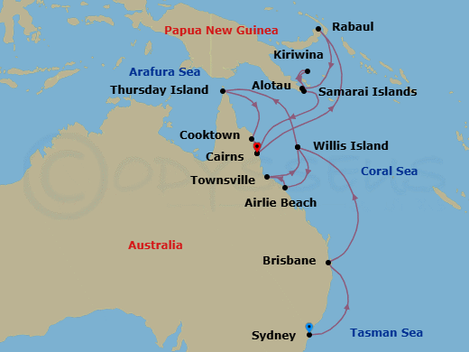 21 Night - Coral Coast Journey - Seven Seas Navigator - Starting in Sydney AU, Cruising the Tasman Sea, Brisbane, Willis Island (Technical Call), Airlie Beach, Townsville, Willis Island (Technical Call), Cruising the Coral Sea, Thursday Island, Cruising the Coral Sea, Cooktown, Cairns, Cruising the Coral Sea, Rabaul, Cruising the Coral Sea, Alotau, Kiriwina, Samarai Islands, Cruising the Coral Sea, Cairns itinerary map