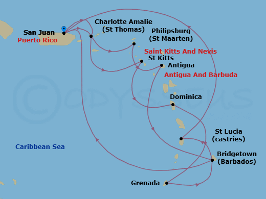 14 Night - Southern Caribbean Adventurer - Emerald Princess - Starting in San Juan, Puerto Rico, St Thomas, US Virgin Islands, St Maarten, Antigua, Barbados, St Lucia, San Juan, Puerto Rico, St Thomas, US Virgin Islands, St Kitts, Dominica, Grenada, Barbados, San Juan, Puerto Rico itinerary map