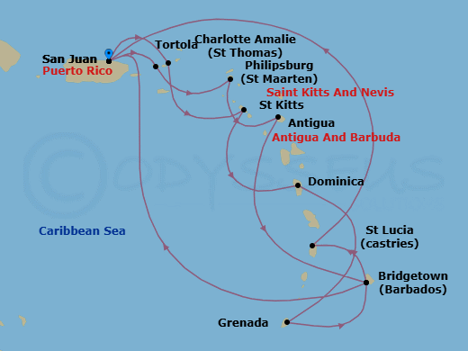14 Night - Southern Caribbean Adventurer - Emerald Princess - Starting in San Juan, Puerto Rico, Tortola, British Virgin Islands, St Kitts, Dominica, Grenada, Barbados, San Juan, Puerto Rico, St Thomas, US Virgin Islands, St Maarten, Antigua, Barbados, St Lucia, San Juan, Puerto Rico itinerary map