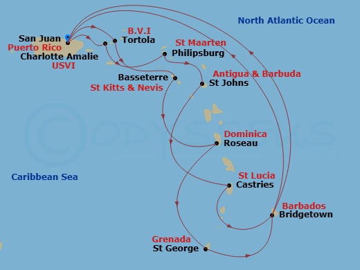 14 Night - Southern Caribbean Adventurer - Emerald Princess - Starting in San Juan, Puerto Rico, Tortola, British Virgin Islands, St Kitts, Dominica, Grenada, Barbados, San Juan, Puerto Rico, St Thomas, US Virgin Islands, St Maarten, Antigua, St Lucia, Barbados, San Juan, Puerto Rico itinerary map