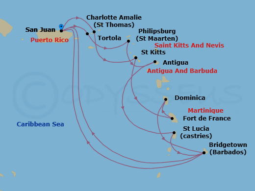 14 Night - Southern Caribbean Adventurer Holiday - Emerald Princess - Starting in San Juan, Puerto Rico, Tortola, British Virgin Islands, St Kitts, Martinique, Dominica, Barbados, San Juan, Puerto Rico, St Thomas, US Virgin Islands, St Maarten, Antigua, St Lucia, Barbados, San Juan, Puerto Rico itinerary map