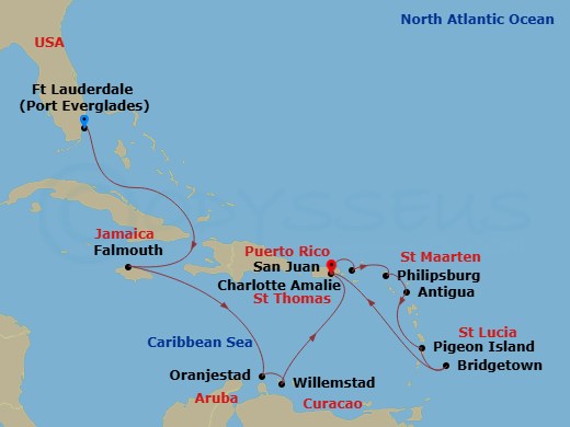 14 Night - Southern Caribbean Adventurer Holiday - Emerald Princess - Starting in Fort Lauderdale, Florida, Falmouth, Jamaica, Aruba, Curacao, San Juan, Puerto Rico, St Thomas, US Virgin Islands, St Maarten, Antigua, St Lucia, Barbados, San Juan, Puerto Rico itinerary map