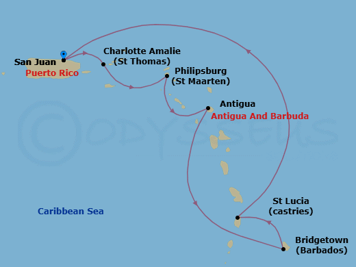 7 Night - Southern Caribbean with Barbados and St. Lucia - Emerald Princess - Starting in San Juan, Puerto Rico, St Thomas, US Virgin Islands, St Maarten, Antigua, Barbados, St Lucia, San Juan, Puerto Rico itinerary map