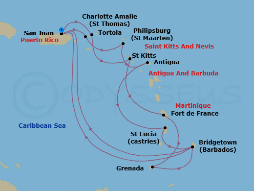 14 Night - Southern Caribbean Adventurer - Emerald Princess - Starting in San Juan, Puerto Rico, Tortola, British Virgin Islands, St Kitts, Martinique, Grenada, Barbados, San Juan, Puerto Rico, St Thomas, US Virgin Islands, St Maarten, Antigua, St Lucia, Barbados, San Juan, Puerto Rico itinerary map