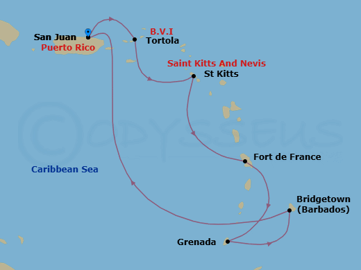 7 Night - Southern Caribbean with Barbados and Tortola - Emerald Princess - Starting in San Juan, Puerto Rico, Tortola, British Virgin Islands, St Kitts, Martinique, Grenada, Barbados, San Juan, Puerto Rico itinerary map