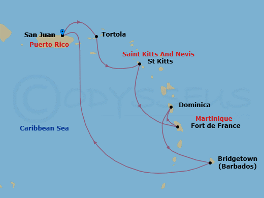 7 Night - Southern Caribbean with Barbados and Tortola - Emerald Princess - Starting in San Juan, Puerto Rico, Tortola, British Virgin Islands, St Kitts, Martinique, Dominica, Barbados, San Juan, Puerto Rico itinerary map