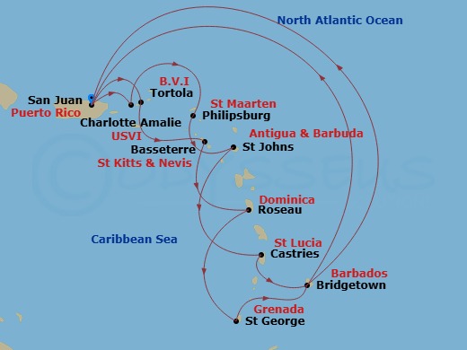 14 Night - Southern Caribbean Adventurer - Emerald Princess - Starting in San Juan, Puerto Rico, St Thomas, US Virgin Islands, St Maarten, Antigua, St Lucia, Barbados, San Juan, Puerto Rico, Tortola, British Virgin Islands, St Kitts, Dominica, Grenada, Barbados, San Juan, Puerto Rico itinerary map