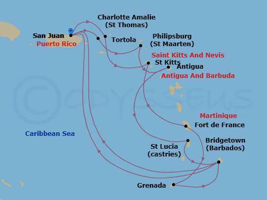 14 Night - Southern Caribbean Adventurer - Emerald Princess - Starting in San Juan, Puerto Rico, St Thomas, US Virgin Islands, St Maarten, Antigua, St Lucia, Barbados, San Juan, Puerto Rico, Tortola, British Virgin Islands, St Kitts, Martinique, Grenada, Barbados, San Juan, Puerto Rico itinerary map