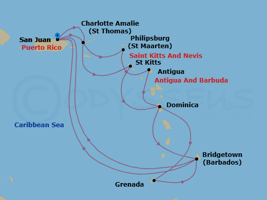 14 Night - Southern Caribbean Adventurer - Emerald Princess - Starting in San Juan, Puerto Rico, St Thomas, US Virgin Islands, St Maarten, Antigua, St Lucia, Barbados, San Juan, Puerto Rico, Tortola, British Virgin Islands, St Kitts, Martinique, Dominica, Barbados, San Juan, Puerto Rico itinerary map