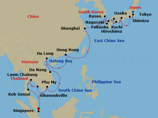 28 Night - Japan, South Korea & Far East Discovery - Noordam - Starting in Tokyo, Japan, Shimizu, Japan, Osaka, Japan, Kochi, Japan, Hiroshima, Japan, Scenic Cruising Kanmon Straits, Fukuoka (Hakata), Japan, Nagasaki, Japan, Busan (Pusan), South Korea, Shanghai, China, Hong Kong, China, Halong Bay, Vietnam, Da Nang (Hue), Vietnam, Phu My, Vietnam, Sihanoukville, Cambodia, Laem Chabang (Bangkok), Thailand, Nathon (Koh Samui), Thailand, Singapore itinerary map