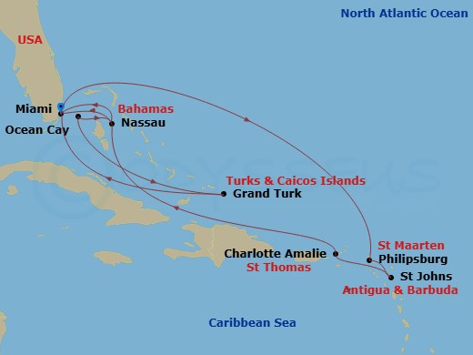 14 Night - Caribbean and Antilles - MSC Meraviglia - Starting in Miami, Florida, Grand Turk Island, Turks and Caicos, Ocean Cay Msc Marine Reserve, Bahamas, Nassau, Bahamas, Miami, Florida, Philipsburg, Saint Martin, St Johns AG, Antigua, Charlotte Amalie (St Thomas) Virgin Islands, Nassau, Bahamas, Miami, Florida itinerary map