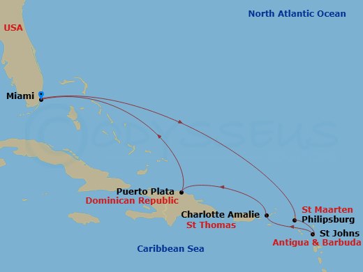 8 Night - Caribbean and Antilles - MSC Meraviglia - Starting in Miami, Florida, Philipsburg, St Maarten, St Johns AG, Antigua, Charlotte Amalie (St Thomas) Virgin Islands, Puerto Plata, Dominican Republic, Miami, Florida itinerary map