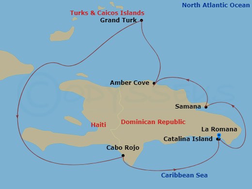 7 Night - Western Caribbean from Casa De Campo / La Romana - Costa Fascinosa - Starting in La Romana, Catalina Island, Arroyo Barril (Samana), Amber Cove, Grand Turk, Cabo Rojo, La Romana itinerary map