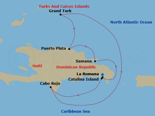 7 Night - Western Caribbean from Casa De Campo / La Romana - Costa Fascinosa - Starting in La Romana, Catalina Island, Cabo Rojo, Grand Turk, Puerto Plata, Dominican Republic, Arroyo Barril (Samana), La Romana itinerary map