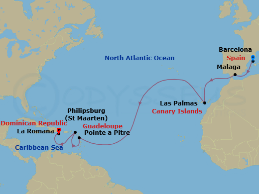 14 Night - Transatlantic from Barcelona - Costa Fascinosa - Starting in Barcelona, Malaga, Las Palmas, Pointe-a-Pitre, St Maarten (Philipsburg), La Romana itinerary map