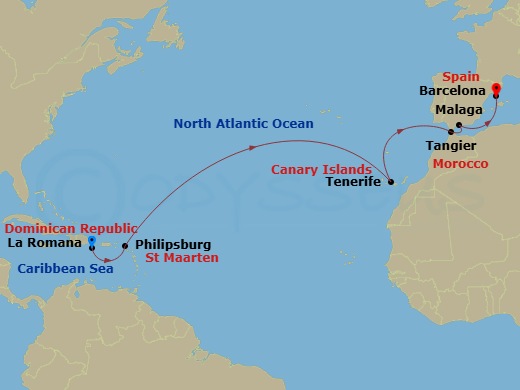 14 Night - Caribbean from La Romana to Barcelona - Costa Fascinosa - Starting in La Romana, St Maarten (Philipsburg), Santa Cruz de Tenerife, Tangier, Malaga, Barcelona itinerary map