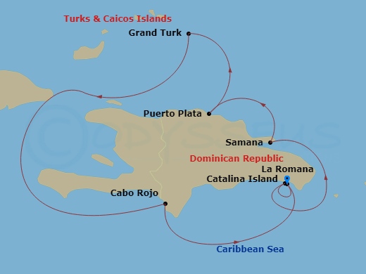 7 Night - Caribbean Roundtrip from La Romana - Costa Fascinosa - Starting in La Romana, Catalina Island, Arroyo Barril (Samana), Puerto Plata, Dominican Republic, Grand Turk, Cabo Rojo, La Romana itinerary map