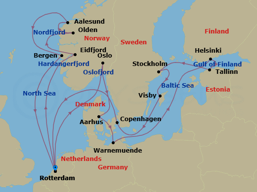 21 Night - Scandinavian Capitals & Fjords - Rotterdam - Starting in Rotterdam, the Netherlands, Oslo, Norway, Scenic cruising Oslofjord, Aarhus, Denmark, Warnemunde (Berlin), Germany, Helsinki, Finland, Tallinn, Estonia, Stockholm, Sweden, Visby, Gotland, Sweden, Copenhagen, Denmark, Rotterdam, the Netherlands, Eidfjord, Norway, Scenic cruising Hardangerfjord, Olden, Norway, Scenic Cruising Nordfjord, Alesund, Norway, Bergen, Norway, Rotterdam, the Netherlands itinerary map