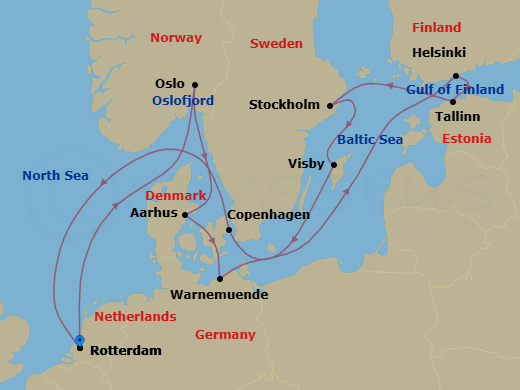 14 Night - Baltic & Scandinavian Capitals - Rotterdam - Starting in Rotterdam, the Netherlands, Oslo, Norway, Scenic cruising Oslofjord, Aarhus, Denmark, Warnemunde (Berlin), Germany, Helsinki, Finland, Tallinn, Estonia, Stockholm, Sweden, Visby, Gotland, Sweden, Copenhagen, Denmark, Rotterdam, the Netherlands itinerary map