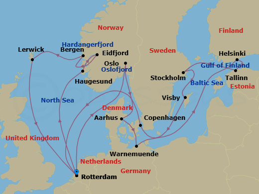 21 Night - Scandinavian Fjords & Capitals - Rotterdam - Starting in Rotterdam, the Netherlands, Haugesund, Norway, Eidfjord, Norway, Scenic cruising Hardangerfjord, Bergen, Norway, Lerwick, Shetland Islands, United Kingdom, Rotterdam, the Netherlands, Oslo, Norway, Scenic cruising Oslofjord, Aarhus, Denmark, Warnemunde (Berlin), Germany, Helsinki, Finland, Tallinn, Estonia, Stockholm, Sweden, Visby, Gotland, Sweden, Copenhagen, Denmark, Rotterdam, the Netherlands itinerary map