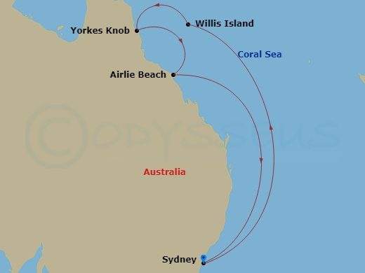 8 Night - Queensland Cruise - Anthem of the Seas - Starting in Sydney AU, Willis Island (Cruising), Cairns (Yorkeys Knob), Australia, Airlie Beach, Australia, Sydney AU itinerary map