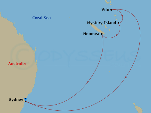 9 Night - South Pacific Cruise - Anthem of the Seas - Starting in Sydney AU, Noumea, New Caledonia, Mystery Island, Vanuatu, Vila, Vanuatu, Sydney AU itinerary map