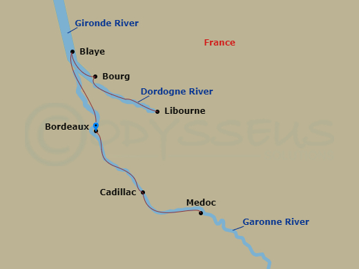 7 Night - Taste of Bordeaux - AmaDolce - Starting in Bordeaux, Libourne, Blaye, Bourg, Cussac Fort Medoc, Cadillac, Bordeaux itinerary map